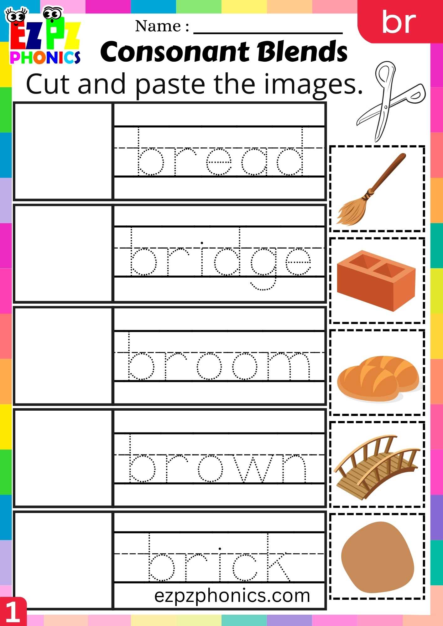 Group1 BR Words Cut And Paste The Images Phonics Consonant Blends Worksheet